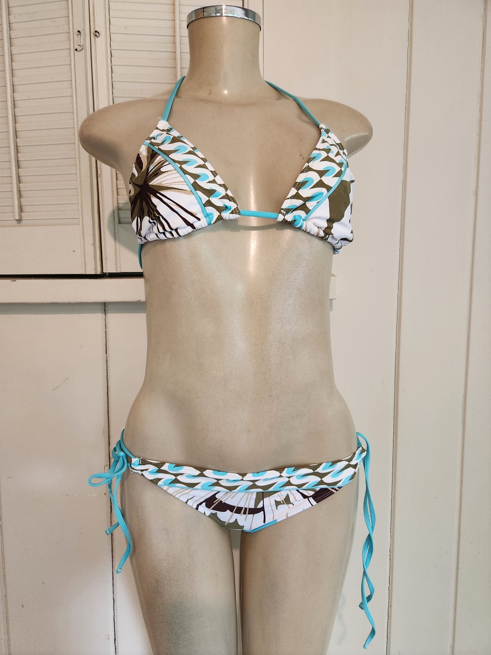 Trina Turk Turquoise, White & Olive Floral String Bikini